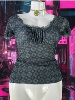 Vtg Y2K Milkmaid Babydoll Top Mesh Sheer Cap Sleeve Blouse Sz L Fairy Grunge